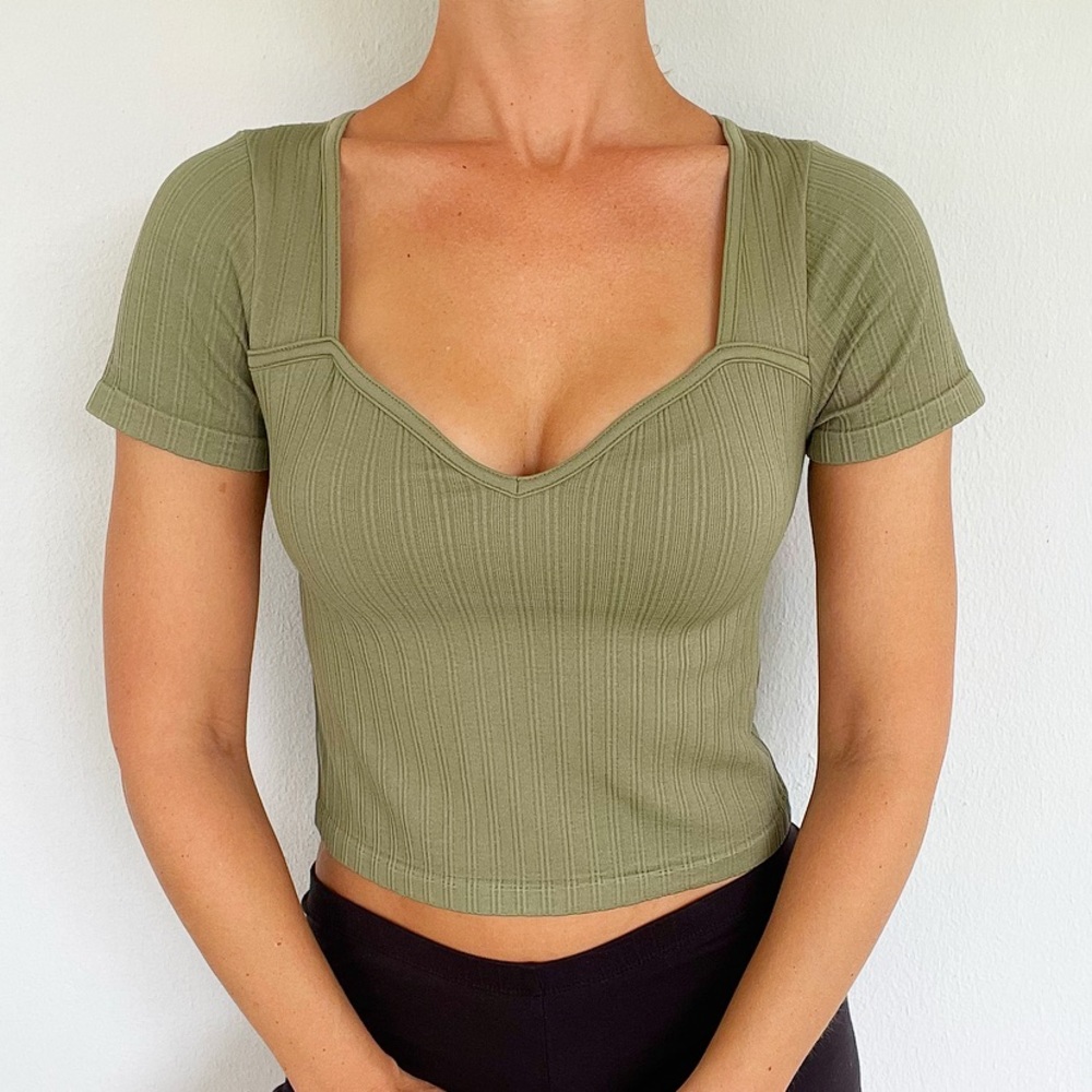 One Step Up army green stretch ribbed corset bodycon crop top tee size L/XL